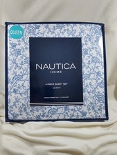 New Nautica Queen Size Bedding Sheet 4 Pc Blue lvy Bloom Bedroom Linens Flowers