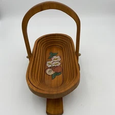 Vtg Collapsible Folding Wooden Basket Trivet  Apple Blossom Flower Wall Hanging