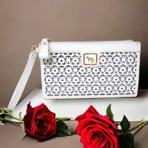 Emma Fox Logo Wristlet Clutch Purse HandBag 100 Genuine Leather white Floral