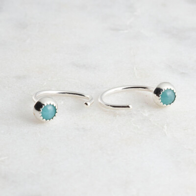Bezel Set Amazonite Huggie Hoop Earrings Solid Sterling Silver Handmade Jewelry