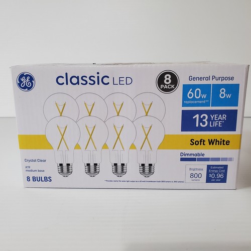 GE Classic Led 60 Watt 8W Soft White A19 Light Bulbs Clear 8 Pack 800