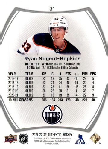 2021-22 SP Authentic #31 Ryan Nugent-Hopkins - Picture 2 of 2
