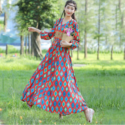 Women's Flowy Boho Dress | Long Sleeve Graffiti Print Lantern Sleeve Dress  | Loose Fit V-