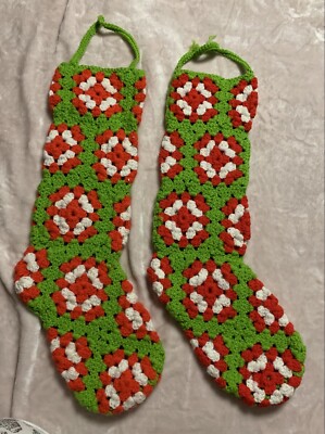 Vtg Hand Crocheted Red White Green Granny Square Christmas Stockings 20  Grinch