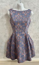 ZARA WOMAN Blue Fine Paisley Boned Structured Alexa Chung Tulip Skater Dress XS