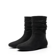 Women’s Suede Mid-Calf Slouch Boots Flat Sole Casual Pull-On Shoes Casual
