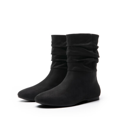 Women's Suede Mid-Calf Slouch Boots Flat Sole Casual Pull-On