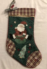 Christmas Stocking ArtMark Santa Decor Country Folk Art Fabric 18 inch Applique