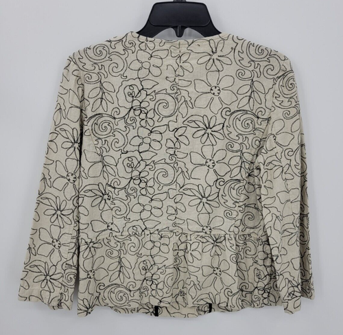 Charter Club Jacket Womens Medium Ivory Black Embroidered Floral Linen Blazer - Picture 2 of 7