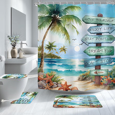 Beach Ocean Teal Blue Nautical 4Pcs Bathroom Shower Curtain Set with Rugs