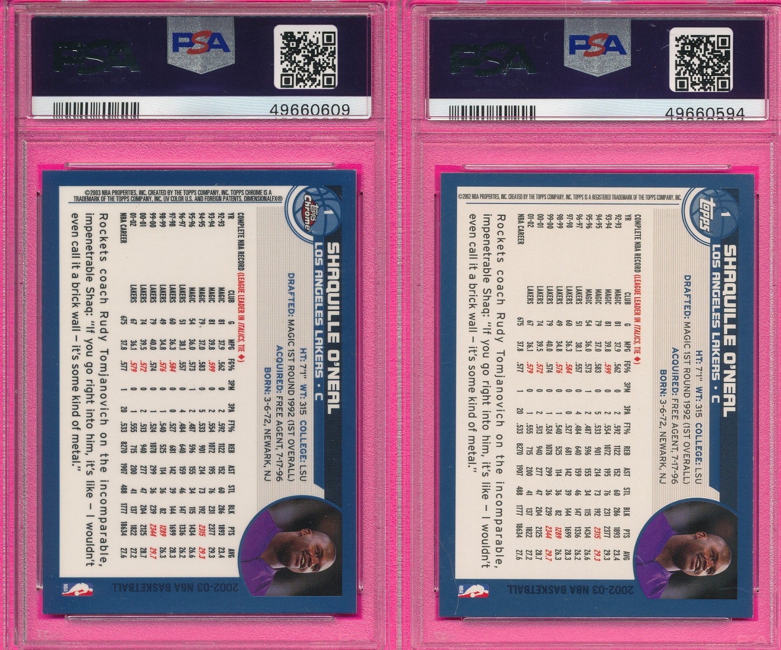 SHAQ LOT 2) PSA 9 MINT SHAQUILLE ONEAL HOF 2002 TOPPS CHROME #1 GRADED NBA TPHLC view 6