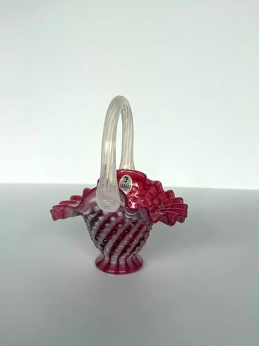 Fenton Cranberry Opalescent Glass Hobnail Spiral Optic Ribbed Small Basket