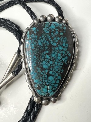 Villa Grove Blue Spiderweb Turquoise Bolo Tie 2 x3  Stone SIGNED John Delvin