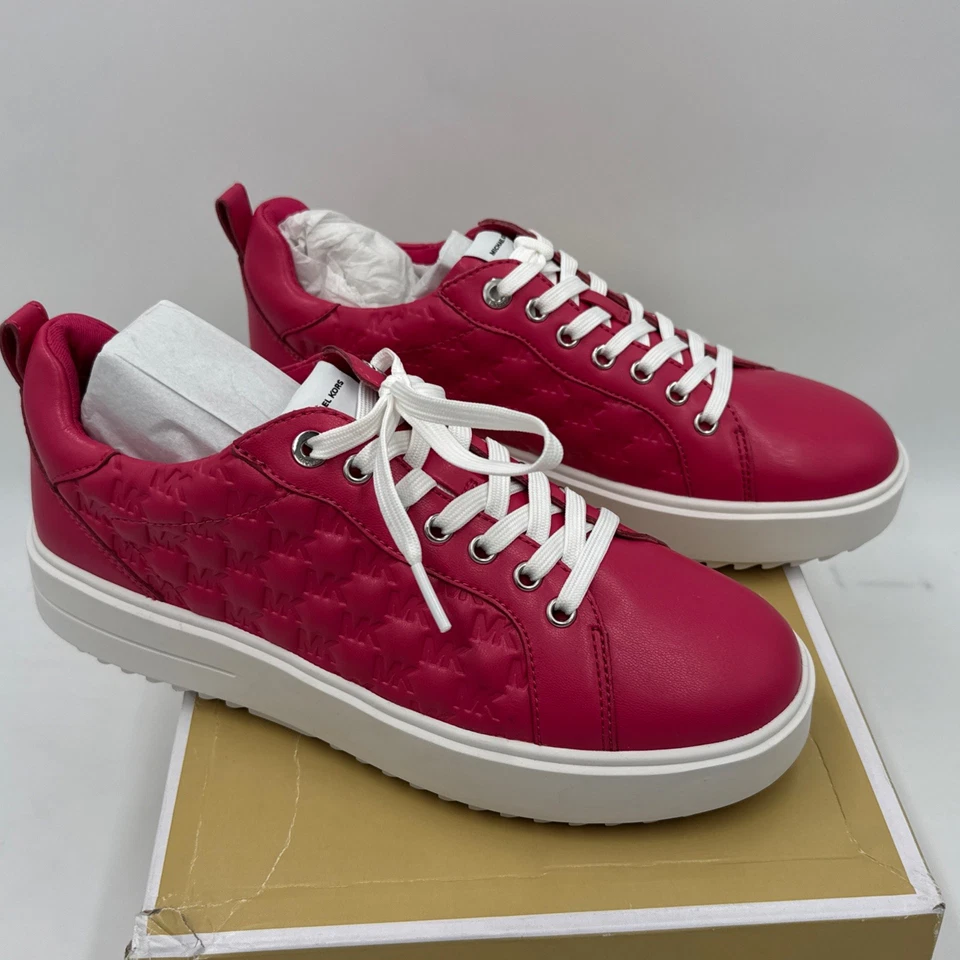 Michael Kors Emmett Lace Up Nappa Puffy MK Logo Rubin Red Sneaker Shoe SZ 8 - Image 2 of 4