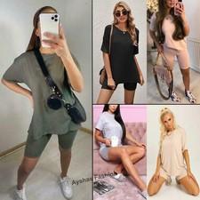 Women's Ladies Oversized T-Shirt and Cycling Shorts Active Gym sports Co ord Set