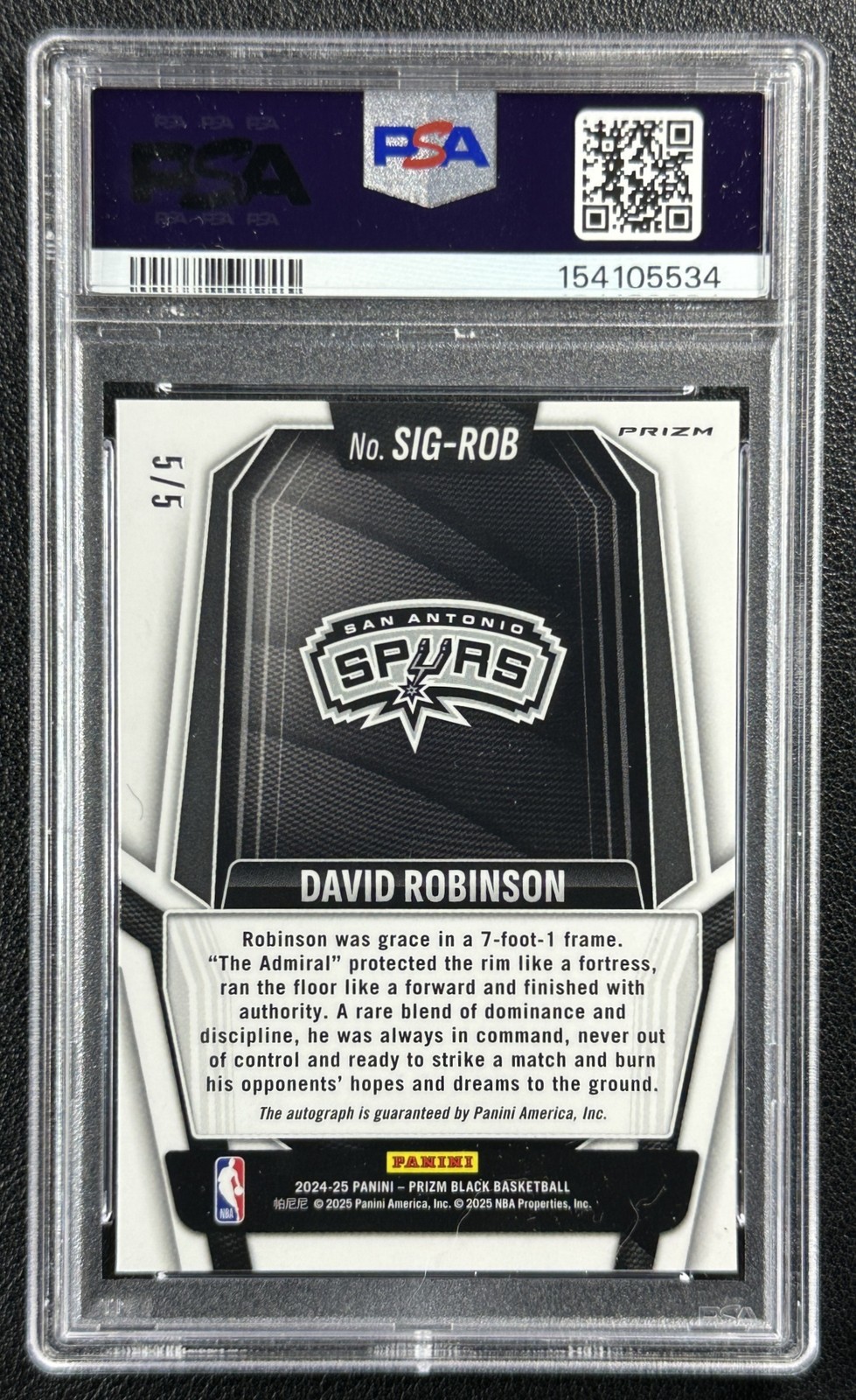 DAVID ROBINSON PSA 9 2024-25 PANINI PRIZM BLACK AUTO GOLD VINYL FOTL 5/5 SPURS view 2