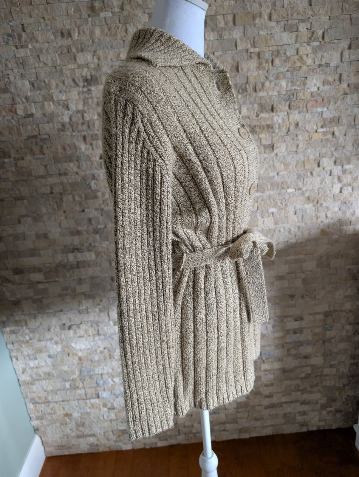 Belted Knit Cardigan Sz S Ribbed Neutral Beige Taupe Coastal Grandma Quiet Cozy image 2
