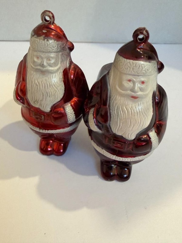 2 Vintage Rosbro Metallic Plastic Santa Claus Christmas Retro Ornaments Lot