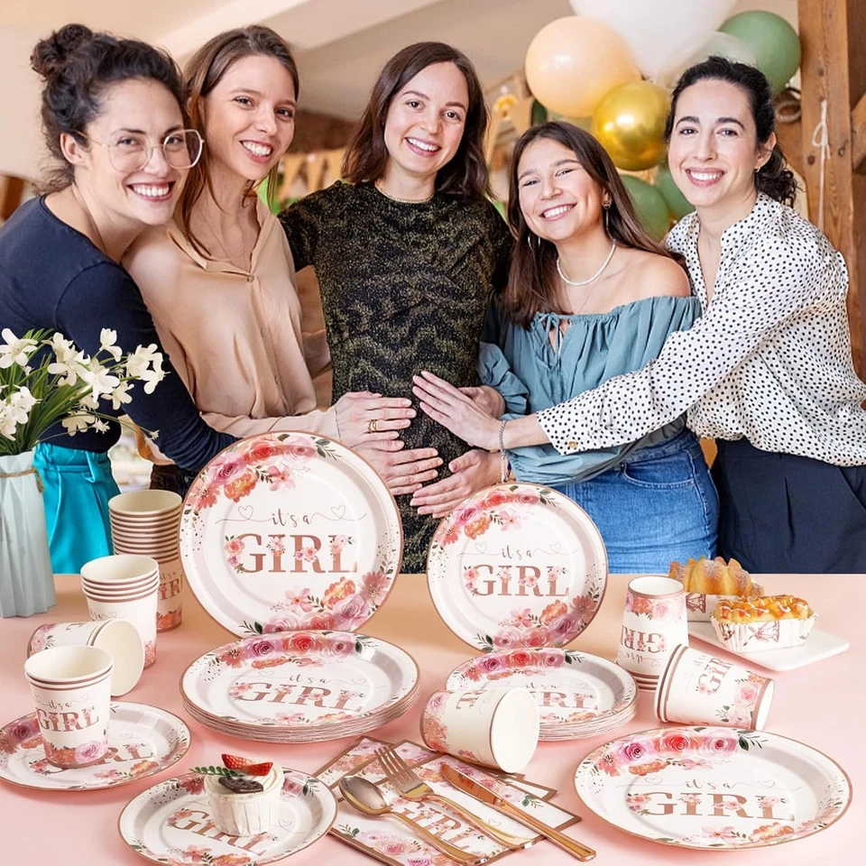 175 PIEZAS Decoraciones de Baby Shower para Niña, Platos y Tazas Florales de Baby Shower... Foto 4 de 4