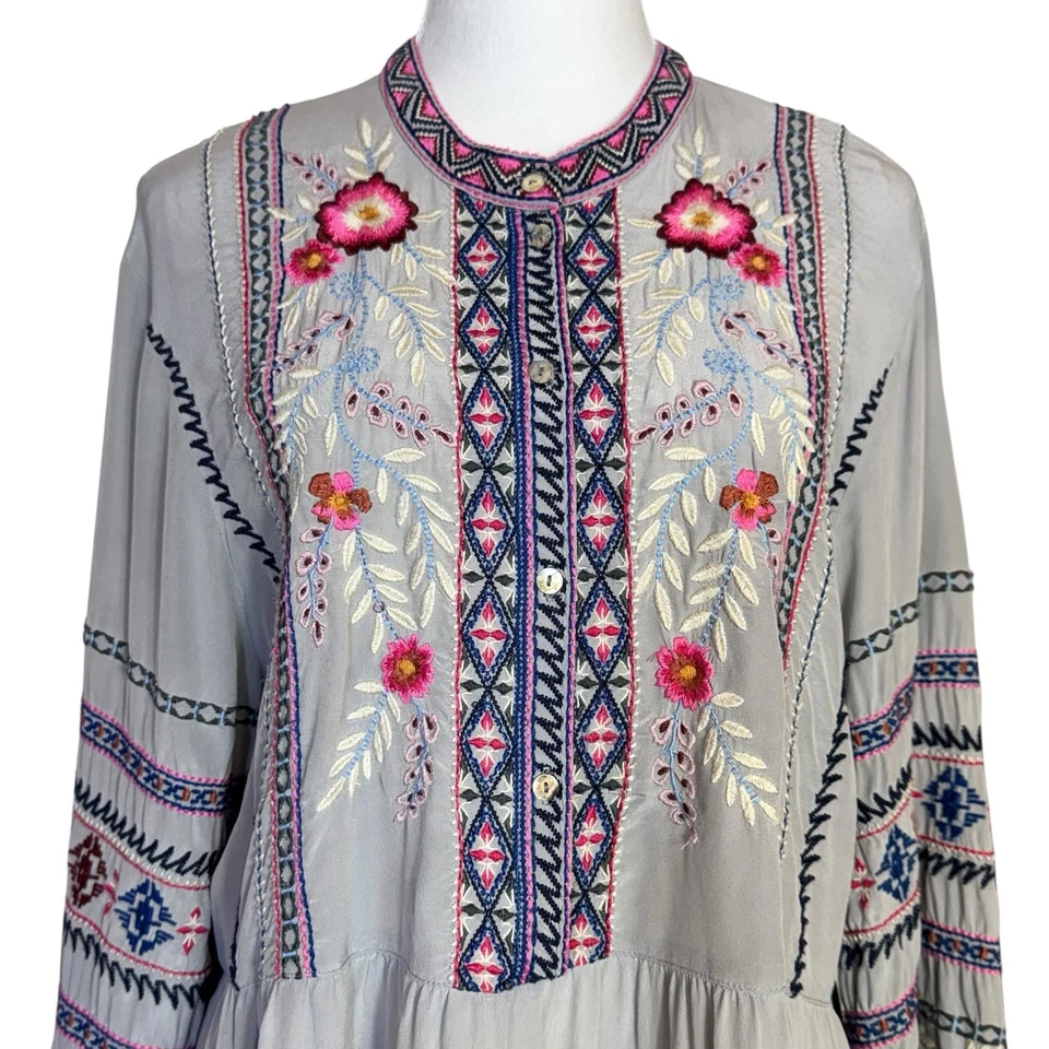 Johnny Was Ellie Wide Hem Silk Dress Heavily Embroidered Size L Gray Boho - Image 3 of 4