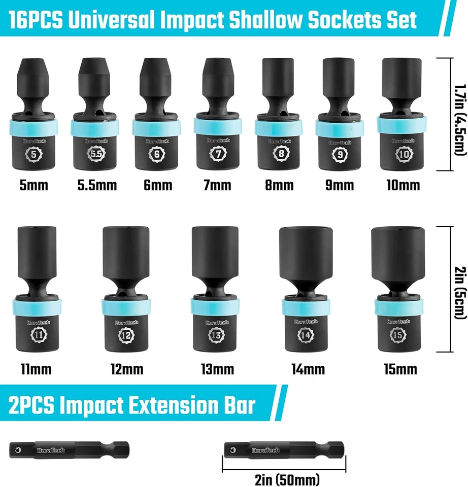 1/4" Drive Impact Universal Joint Socket Set, 14-Piece Metric (5-15 MM) W/ Exten - Image 2 of 4