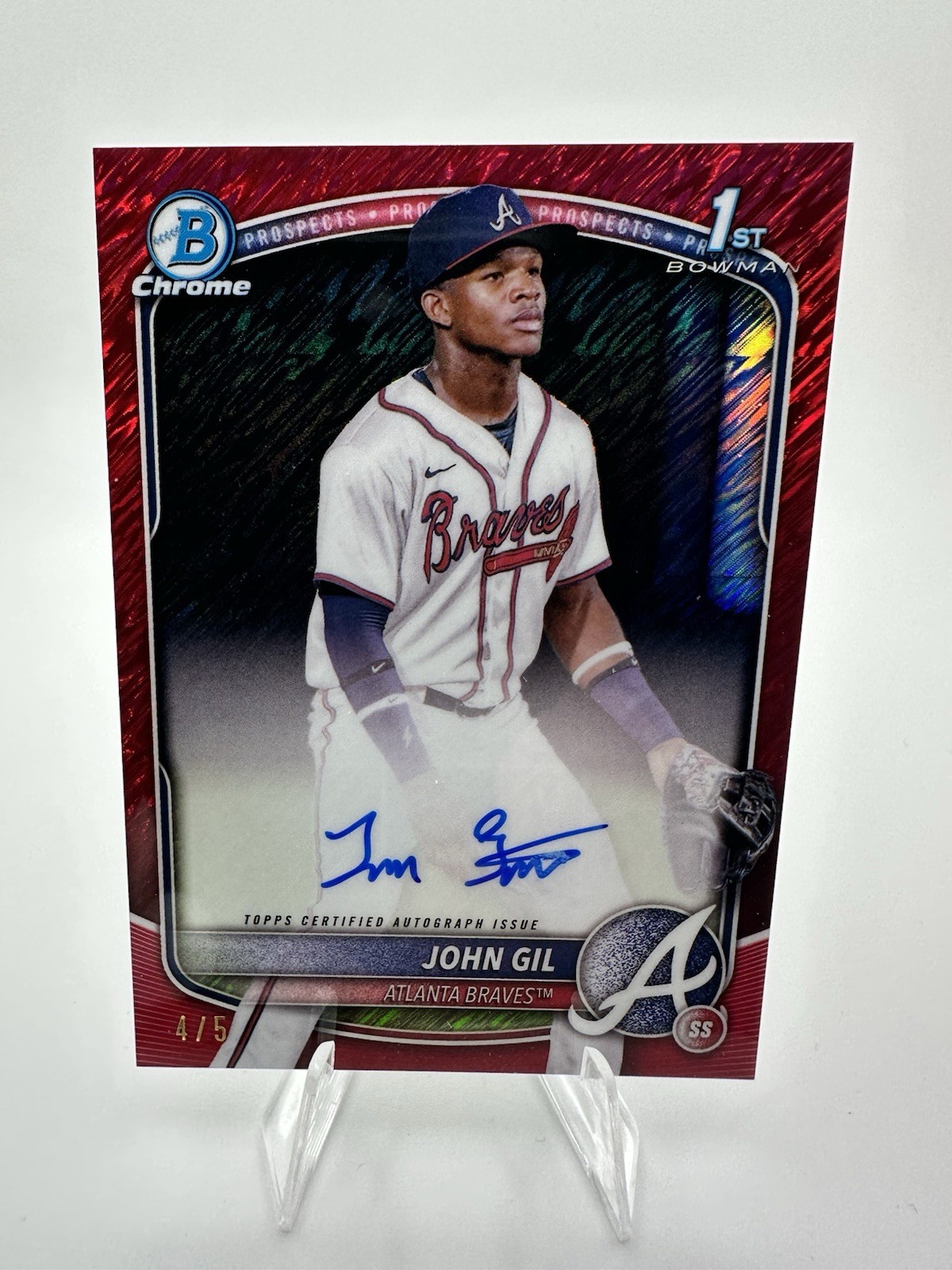 2025 Bowman Chrome John Gil 1st Bowman Auto Red Shimmer #/5 SSP Braves 📈🔥
