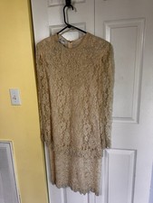 Vtg 80s Shear DRESS Ivory Pearl Beaded Chiffon Scalloped Mermaid Silk Wedding L