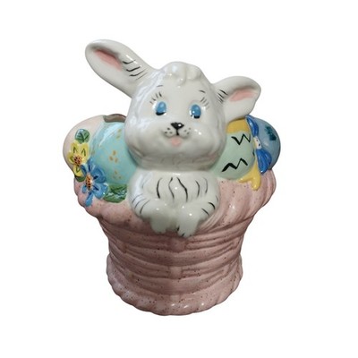 Vintage Ceramic Hand Painted Woven Easter Basket Bunny Eggs 7''