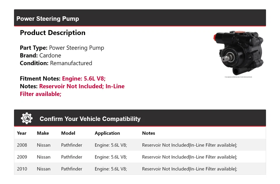 Bomba de dirección asistida Cardone 2009 para Nissan Pathfinder 2008-2010 5,6 L V8 Foto 2 de 4