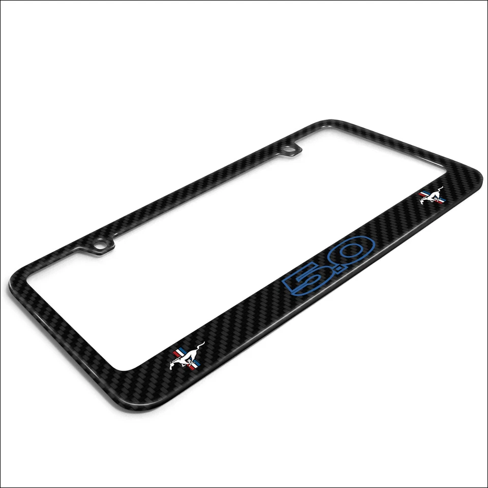 Ford Mustang GT 5.0 Outline in Blue Dual Logo Real Carbon Fiber License Frame - Image 2 of 4