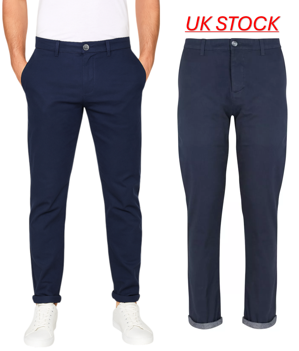 Chinos Mens Boys Trousers Stretch Slim Fit Navy 36