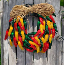 Light Up Chili Pepper Wreath Red Yellow Green Chilies Raffia Bow Fiesta NEW