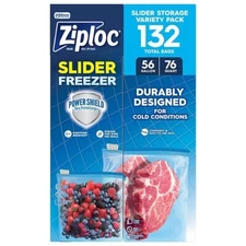Ziploc Slider Freezer Bags Variety Pack (132 Count) Gallon & Quart Storage