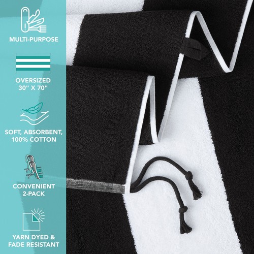 Tie & Dry ANTI-CLIP Beach Towel (2-Pack), 30” x 70”, Side Ties & Loops, Cotton - Picture 45 of 48