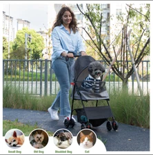 4 Wheels Pet Stroller Foldable Cat Puppy Stroller Cup Holder Storage Basket