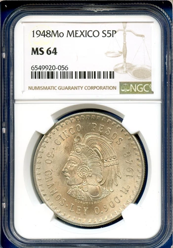 1948 Mo Mexico NGC MS64 Silver 5 Pesos S5P Cinco Pesos Cuauhtemoc MS-64