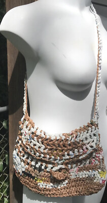 Eco Friendly Crochet Purse shldr Recycled Plastic Shopping Bags Mocha inside pkt