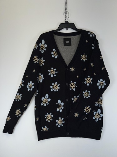 Vans Strickjacke Pullover Herren Medium schwarz blau Blume Smiley Gesicht Knopfleiste Strick