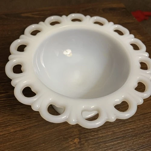Anchor Hocking Old Colony Open Lace Milk Glass Compote Pedestal Bowl Vintage