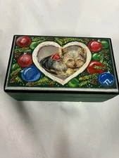 Hand painted Yorkshire terrier Yorkie Christmas wood trinket box refurbished 