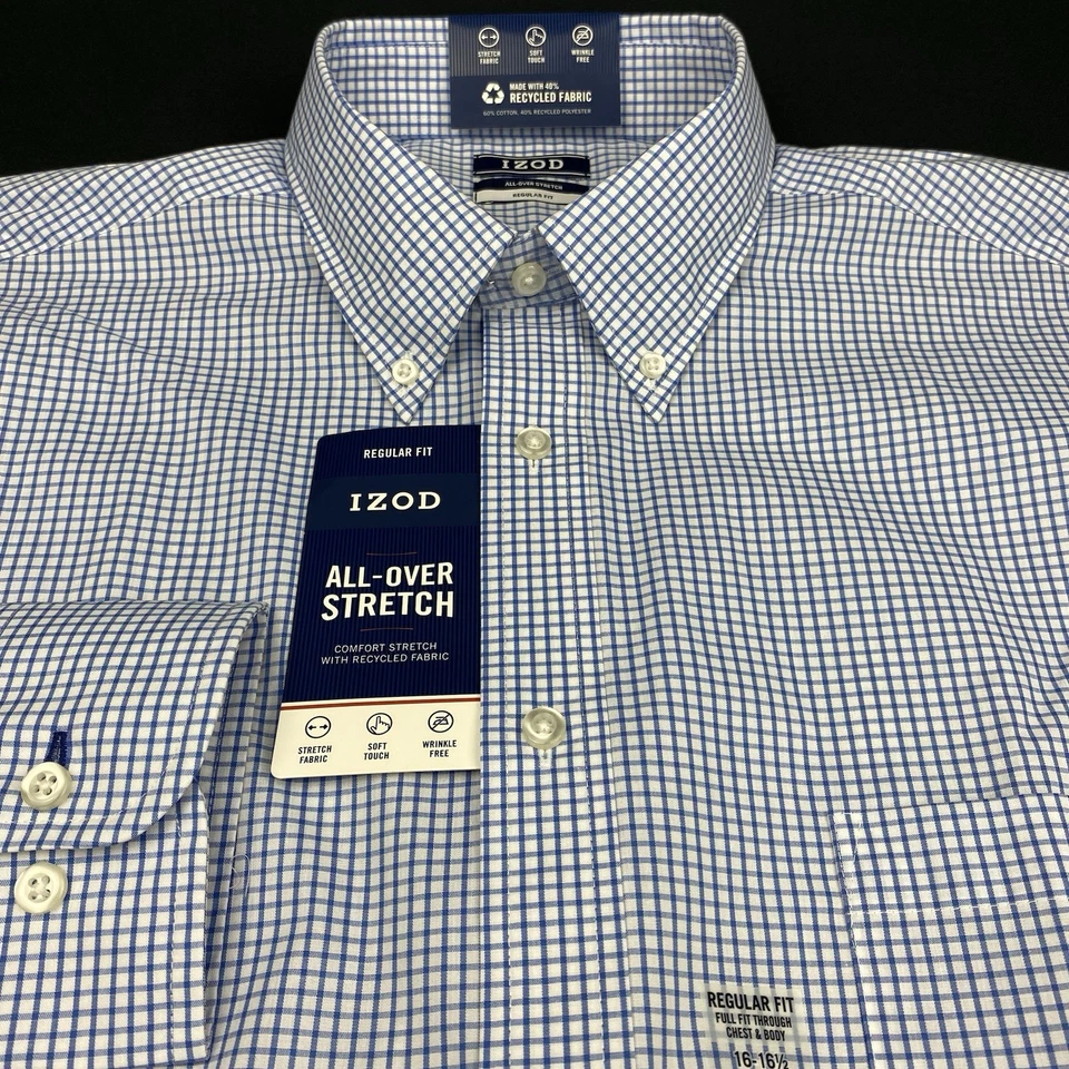 IZOD Mens Dress Shirt 16-16.5/34-35 Blue/White Checks All Over Stretch Regular - Image 4 of 4