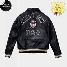 Men Avirex Black Real Bomber American Flight Jacket Leather Jacket-FAST SHIPPING