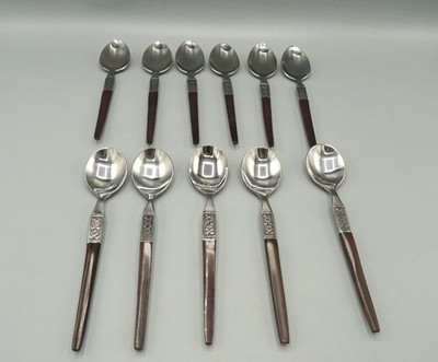 11 Ekco Eterna Stainless EKS14  Spoons Flower Brown Faux Wood Handle Vtg