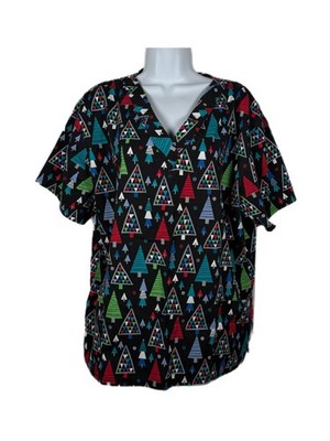 Butter-soft Scrub Top Womens Large Black Christmas Tree Print V Neck Pockets