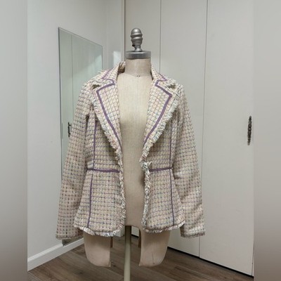 True Meaning Tweed Blazer Jacket Women s M Fringe Trim Cream Purple Textured