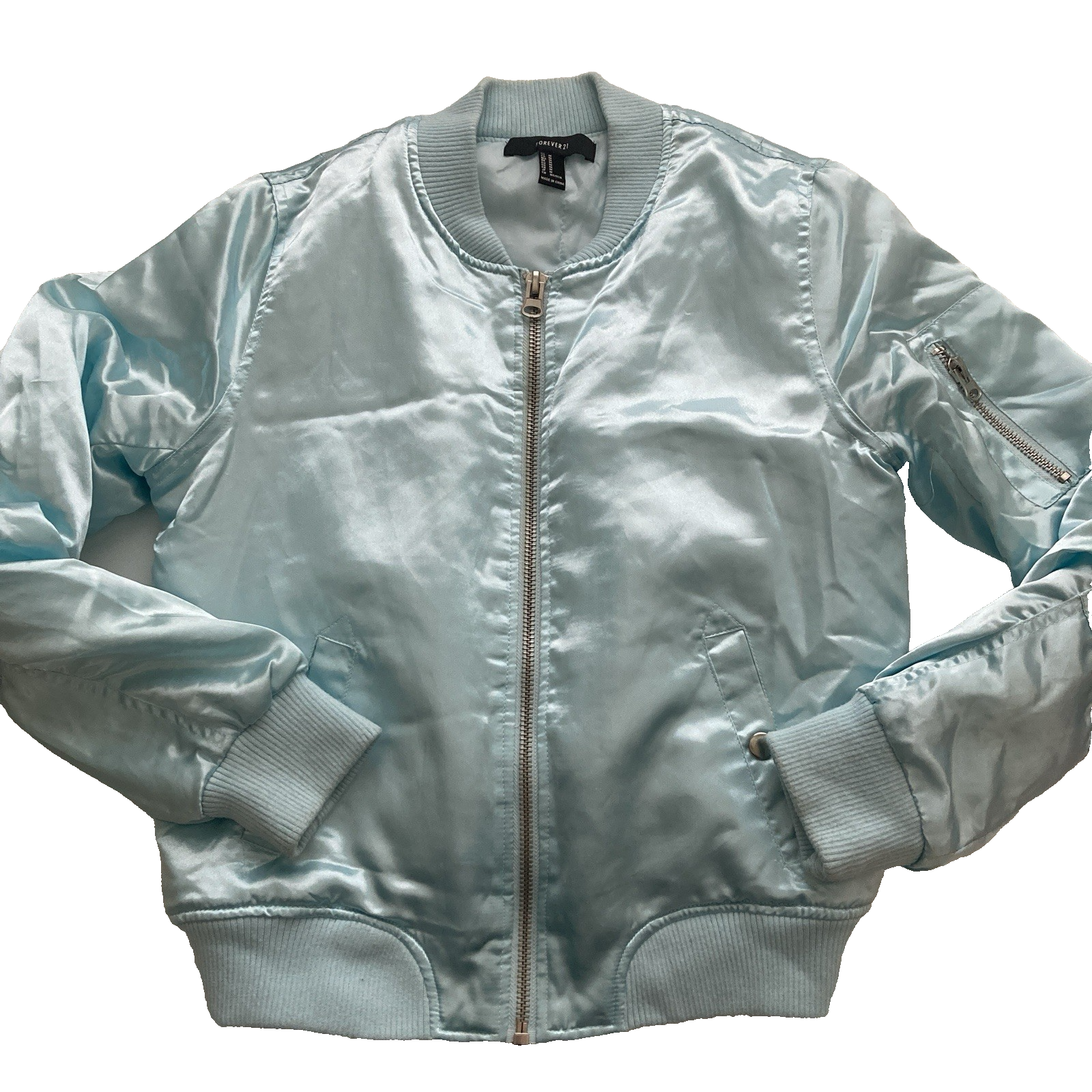 Forever 21 Satin Jacket Size Medium Aqua Blue Puffy Jacket Flash