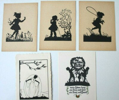 36729 5 Silhouette Postcard Girl on the Meadow 'The Dear Mother' around 1940-50