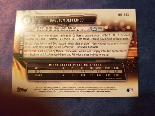 DAULTON JEFFERIES 2017 BOWMAN DRAFT BD-123 OAKLAND A's (10-CARD ROOKIE BASE LOT) - Picture 2 of 3