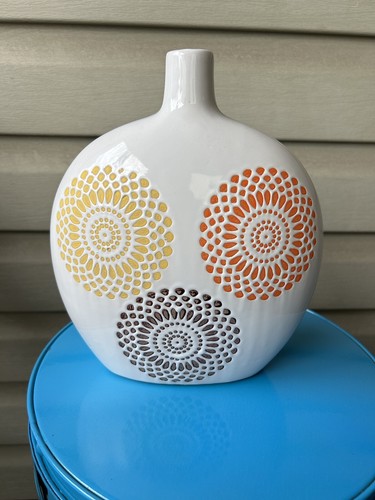 Colorful Mandala Style Dotted Flowers Two Sided White Ceramic Vase 9.5"