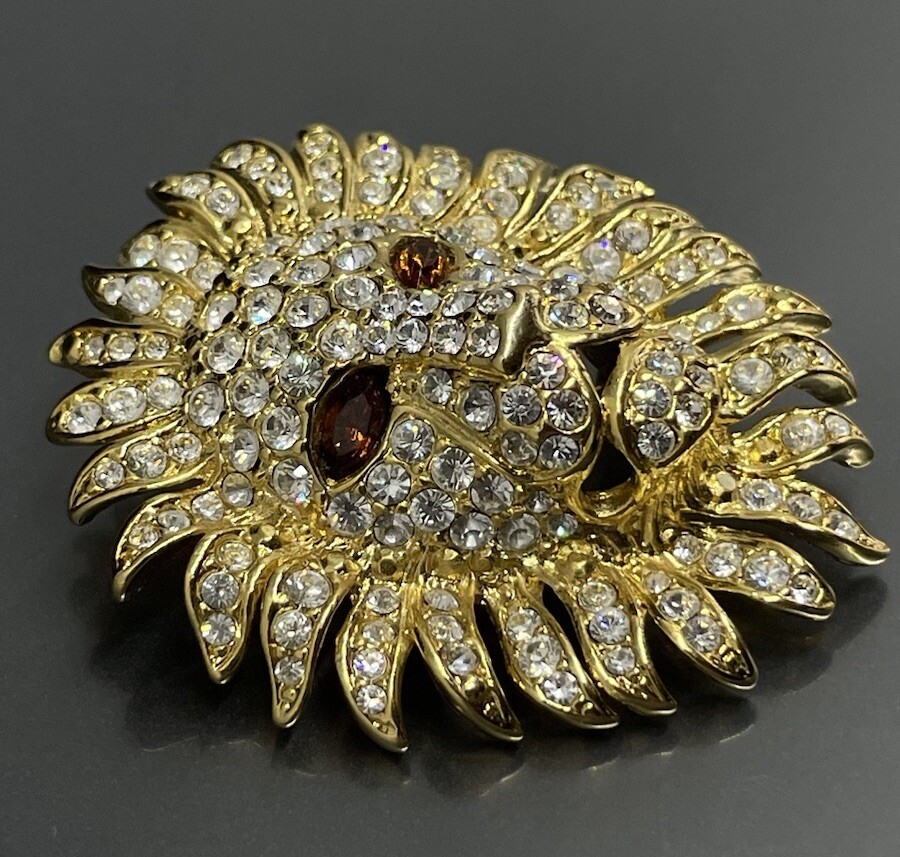 KJL Kenneth Jay Lane Gold Plated Faceted Crystal Lion Head Brooch